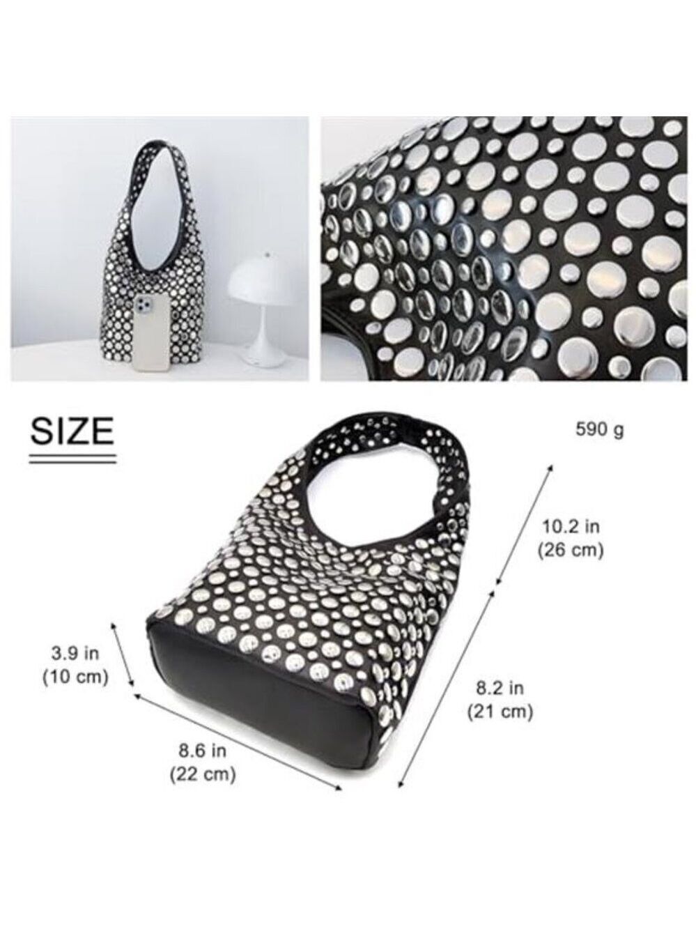 Y2K Hobo Shoulder Bag Punk Studded Top Handle Bag for Women Tote Handbag Black - Picture 2 of 7